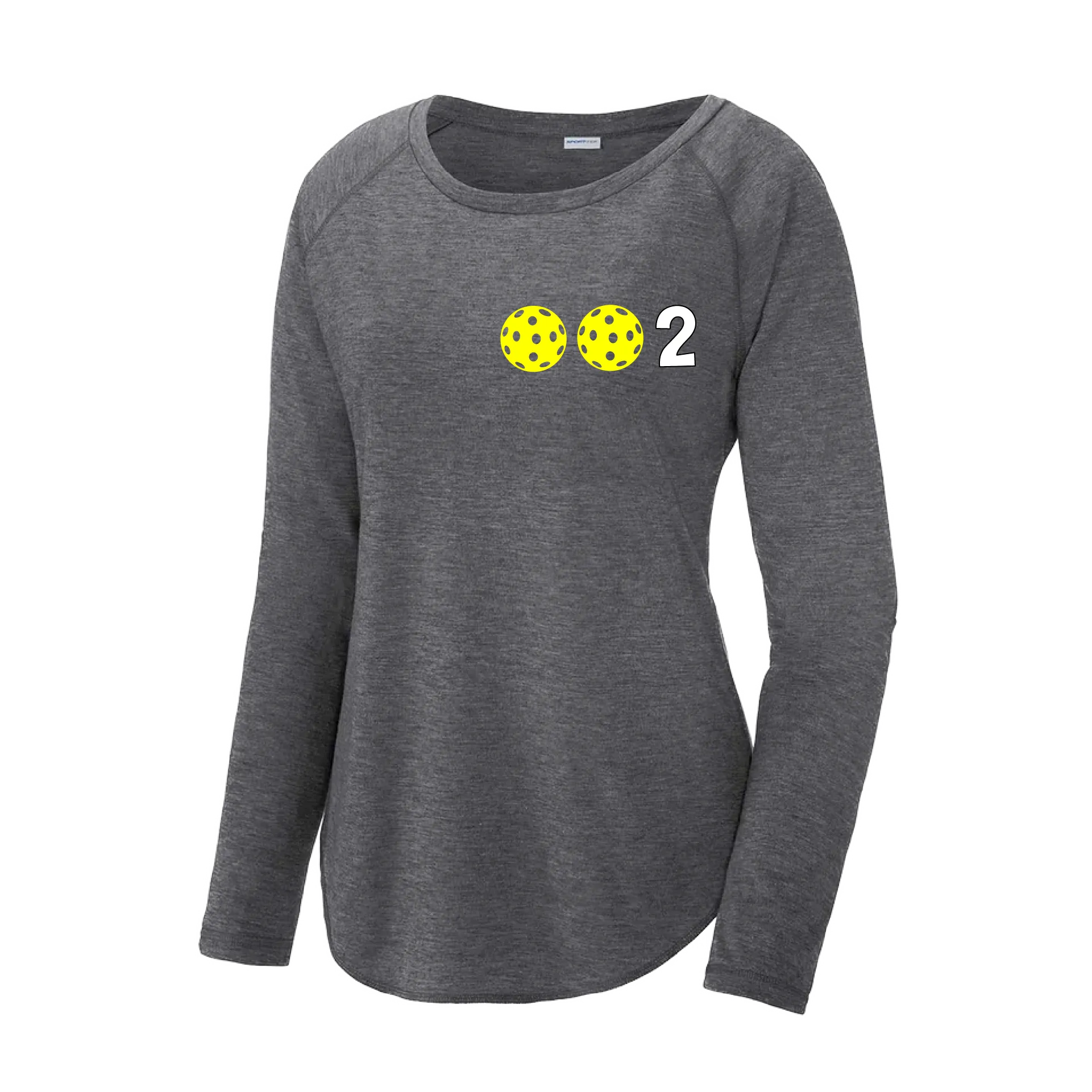 002 With Pickleballs (Colors Yellow Green White Pink Purple) Customizable | Women's Long Sleeve Scoop Neck Pickleball Shirts | 75/13/12 poly/cotton/rayon