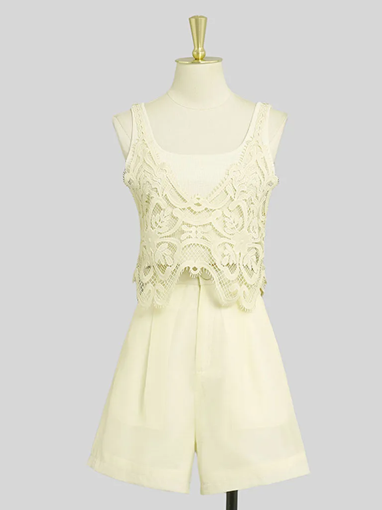 4PS Yellow 1950S Vintage Camisole Lace Vest And Shorts Coat Set