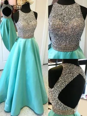 A-line blue satin beaded long prom dresses, PD5485