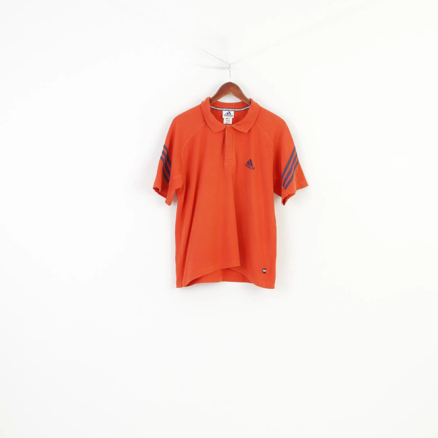 Adidas Men 40 L Polo Shirt Orange Short Sleeve Cotton 3 Stripes Vintage Top