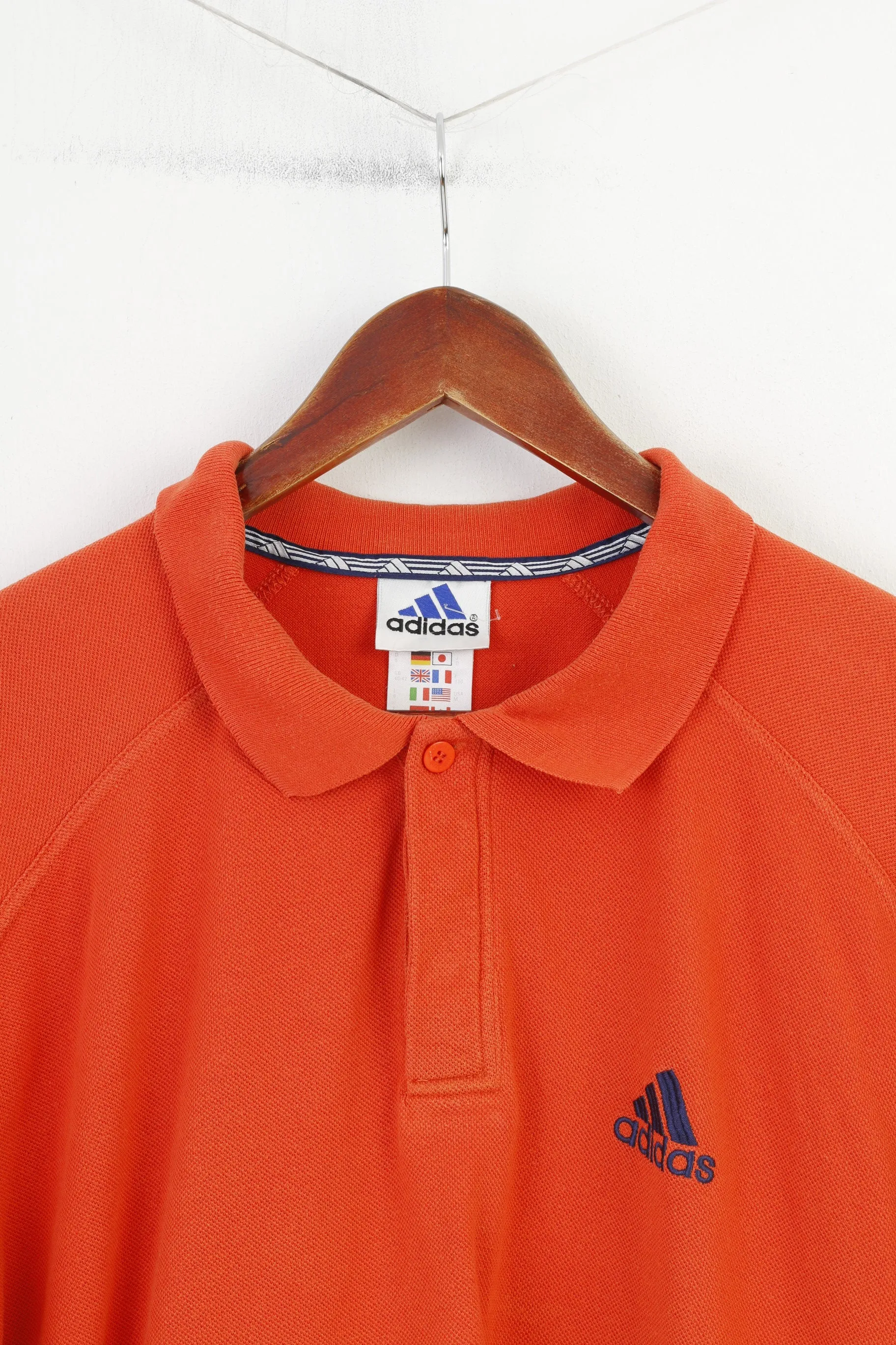 Adidas Men 40 L Polo Shirt Orange Short Sleeve Cotton 3 Stripes Vintage Top