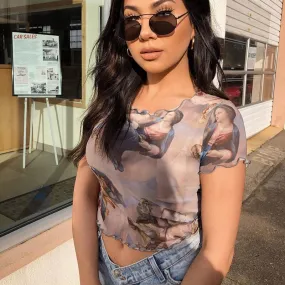 Aesthetic Print Cute Mesh Transparent Sexy Summer Tops Short Sleeve Tees