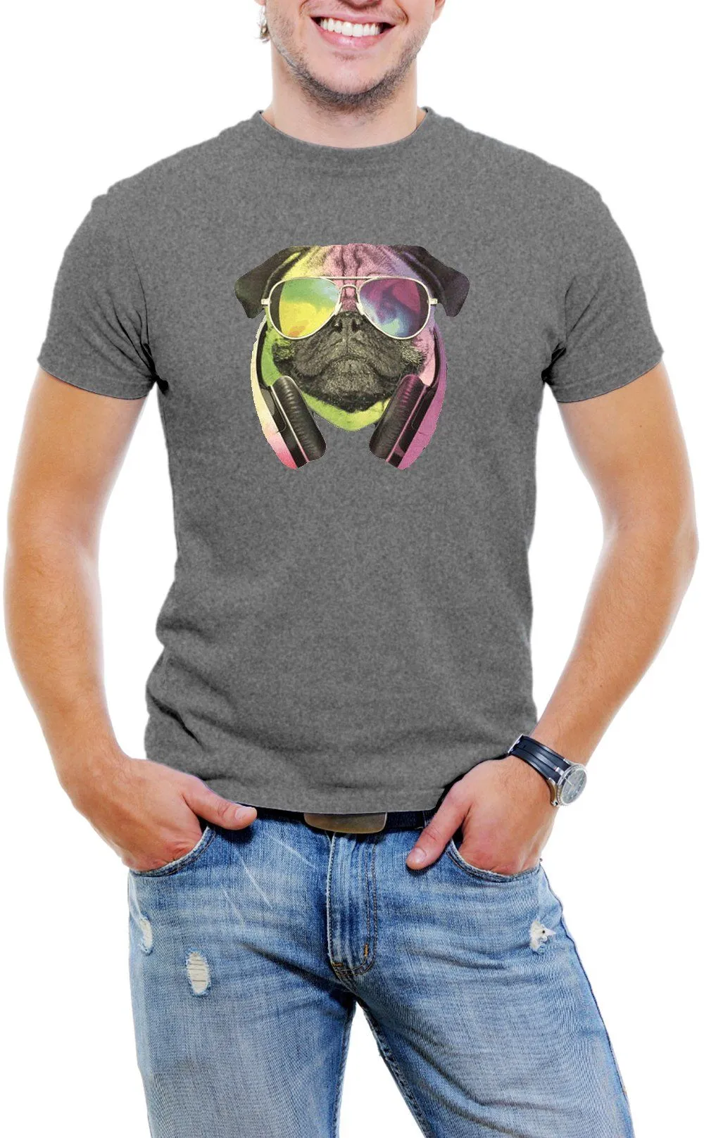 AFONiE Colorful D.J Pug Men T-Shirt Soft Cotton Short Sleeve Tee