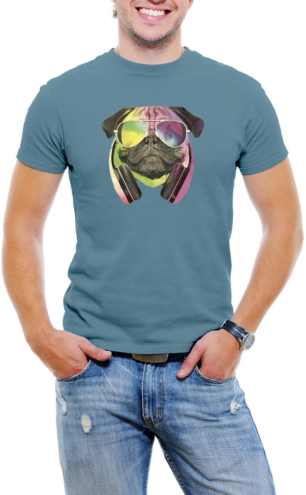 AFONiE Colorful D.J Pug Men T-Shirt Soft Cotton Short Sleeve Tee