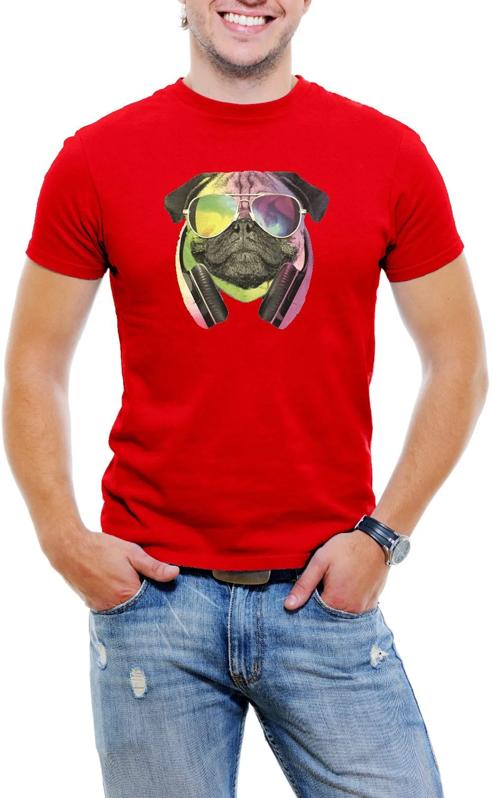 AFONiE Colorful D.J Pug Men T-Shirt Soft Cotton Short Sleeve Tee