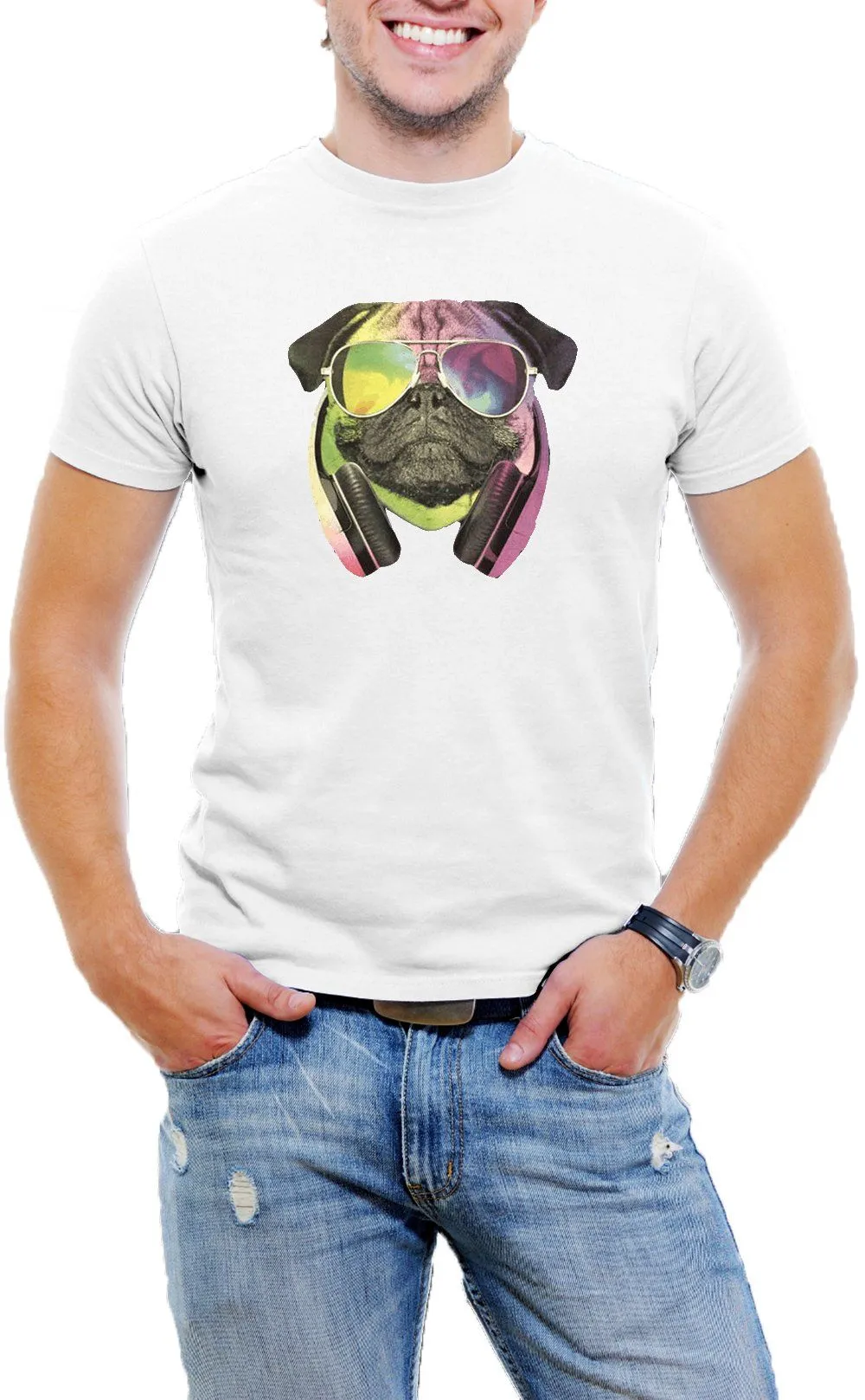 AFONiE Colorful D.J Pug Men T-Shirt Soft Cotton Short Sleeve Tee