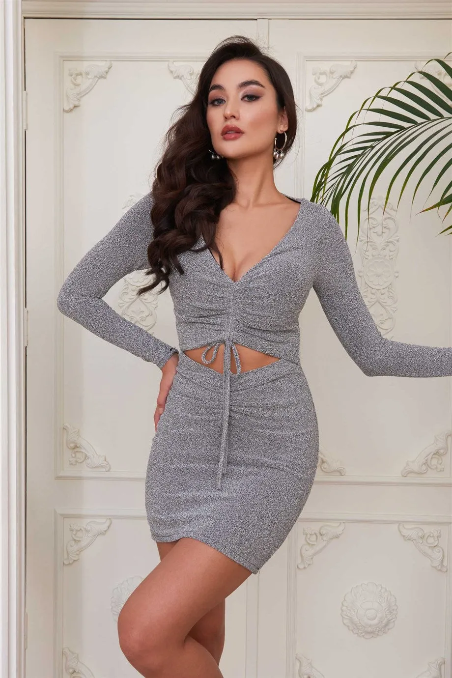 Angelino Gray Knitting front short evening dresses with low -cut