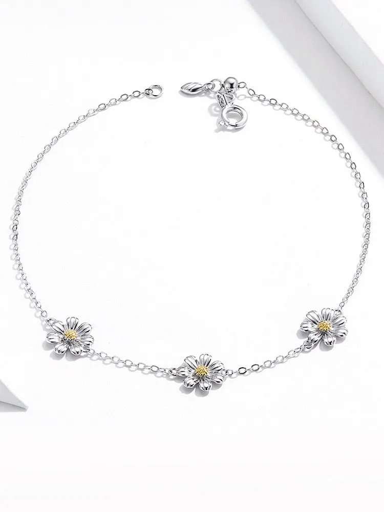 Anti-allergy 925 Sterling Silver Daisy Flower Link Bracelet for Women