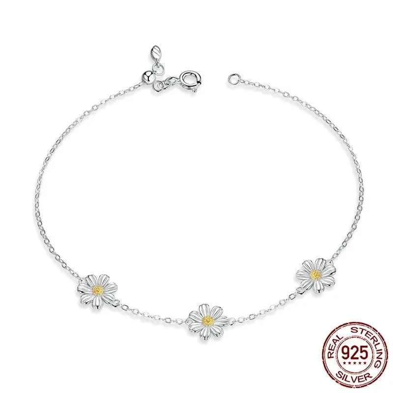 Anti-allergy 925 Sterling Silver Daisy Flower Link Bracelet for Women