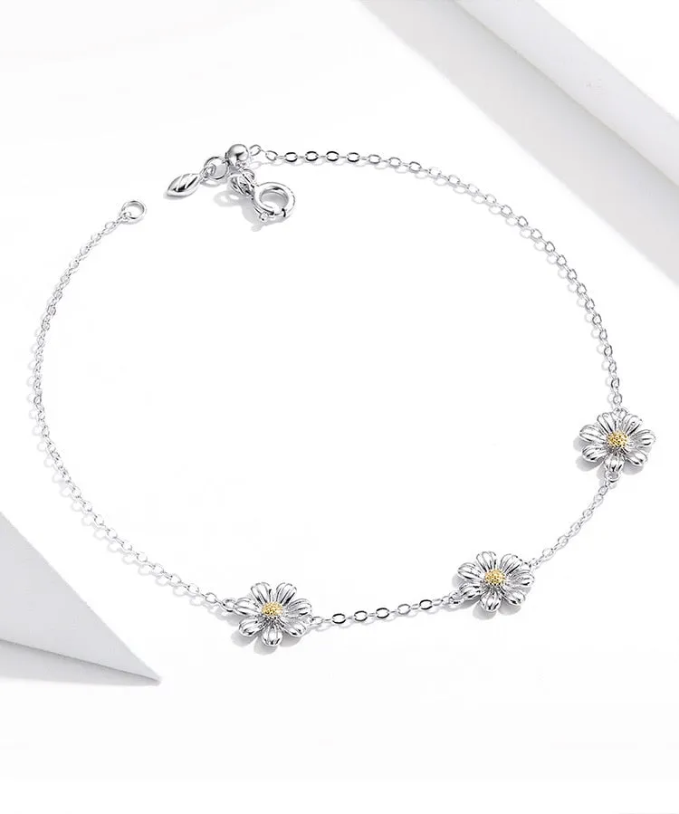 Anti-allergy 925 Sterling Silver Daisy Flower Link Bracelet for Women