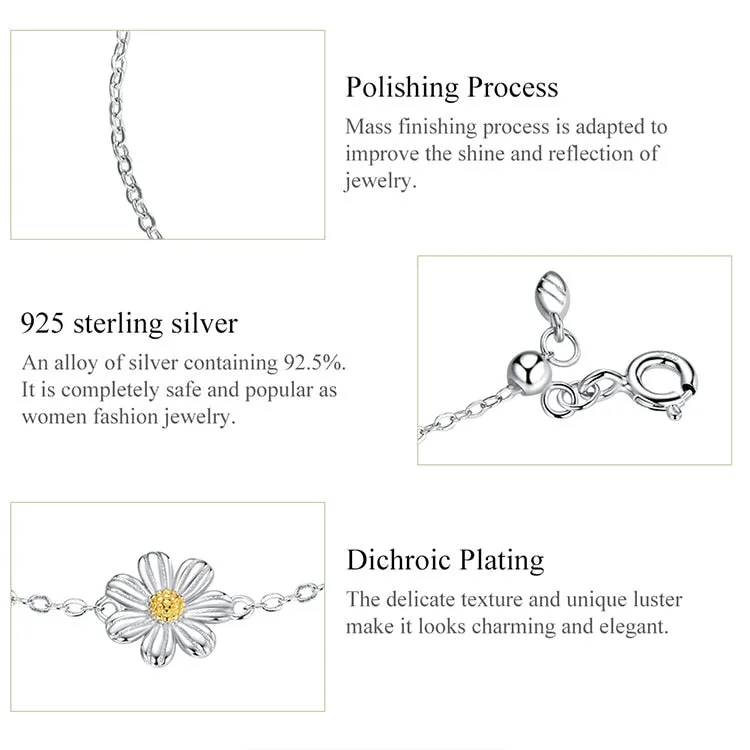 Anti-allergy 925 Sterling Silver Daisy Flower Link Bracelet for Women