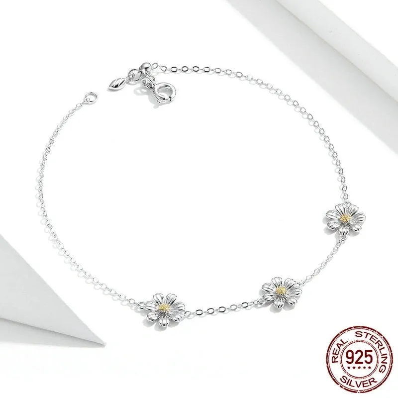 Anti-allergy 925 Sterling Silver Daisy Flower Link Bracelet for Women