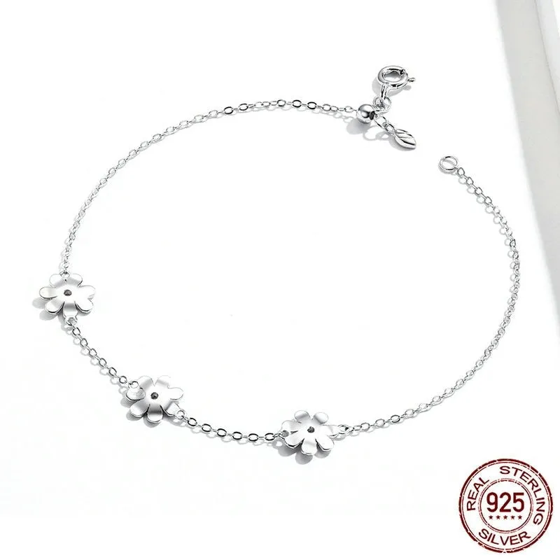 Anti-allergy 925 Sterling Silver Daisy Flower Link Bracelet for Women