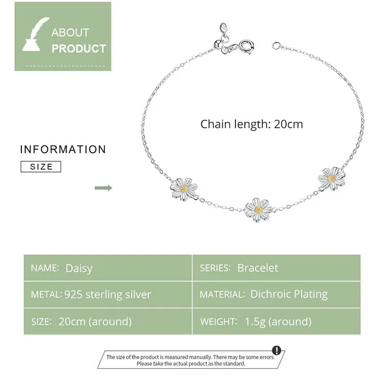 Anti-allergy 925 Sterling Silver Daisy Flower Link Bracelet for Women