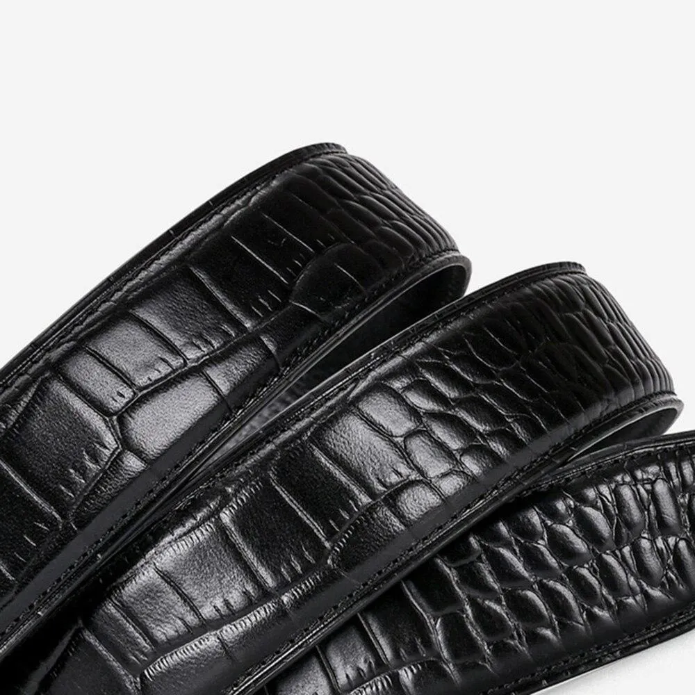 Automatic Style Men's Soft 35mm Width Genuine Leather Striped Pattern Belt