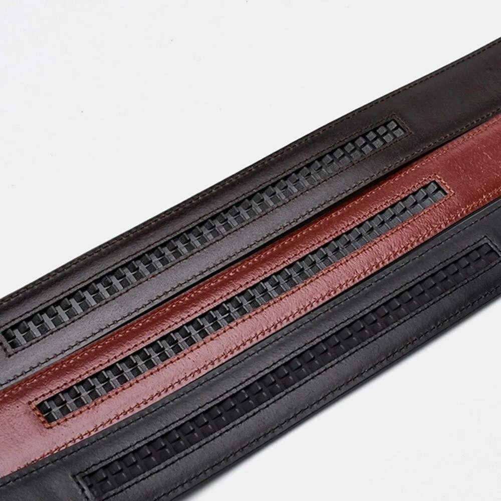 Automatic Style Men's Soft 35mm Width Genuine Leather Striped Pattern Belt