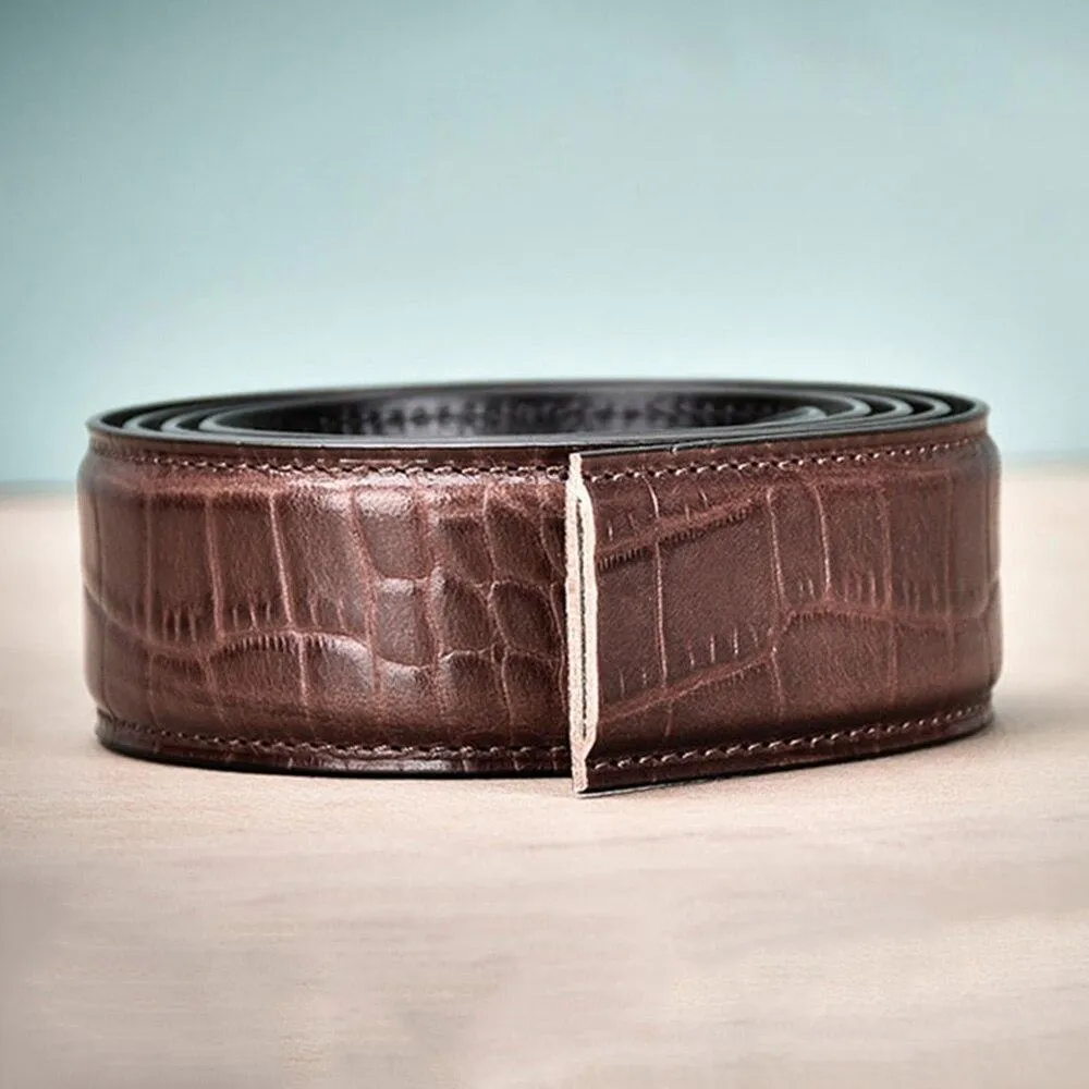 Automatic Style Men's Soft 35mm Width Genuine Leather Striped Pattern Belt