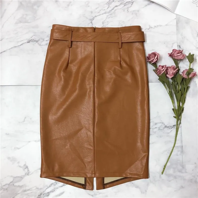 Autumn Winter High Waist Synthetic Leather Split Pencil Midi Skirts