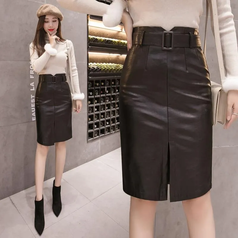 Autumn Winter High Waist Synthetic Leather Split Pencil Midi Skirts