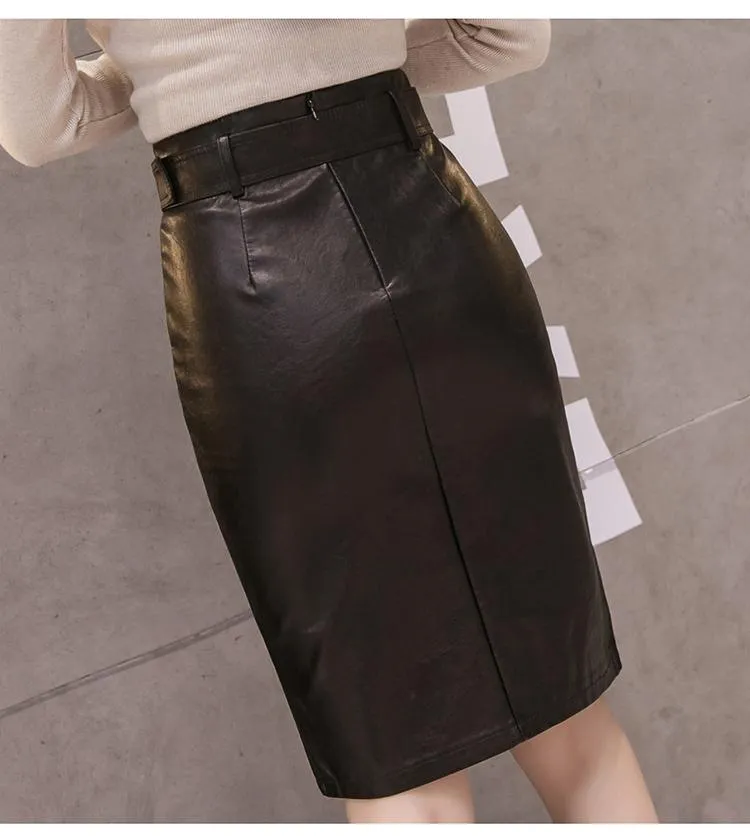 Autumn Winter High Waist Synthetic Leather Split Pencil Midi Skirts