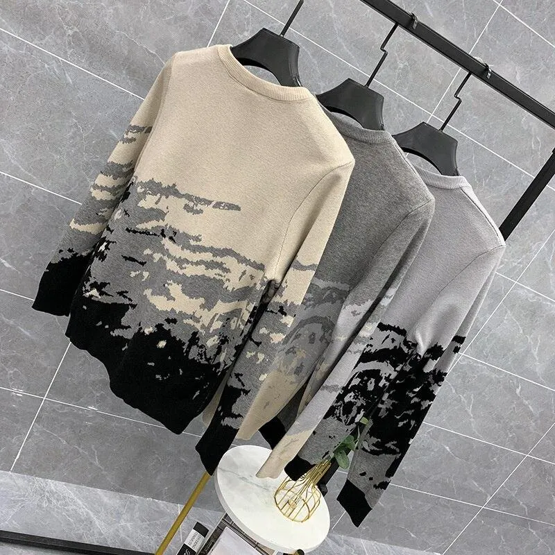 Autumn Winter Men's Spliced Color Pattern Long Sleeves Pullover Sweater