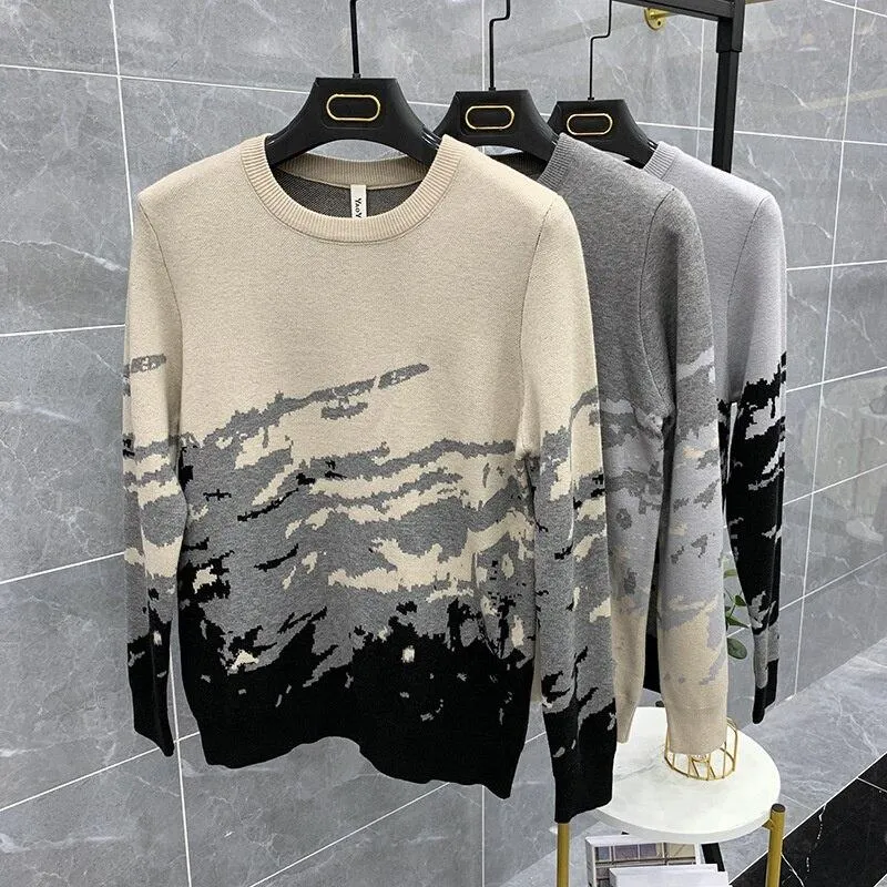 Autumn Winter Men's Spliced Color Pattern Long Sleeves Pullover Sweater