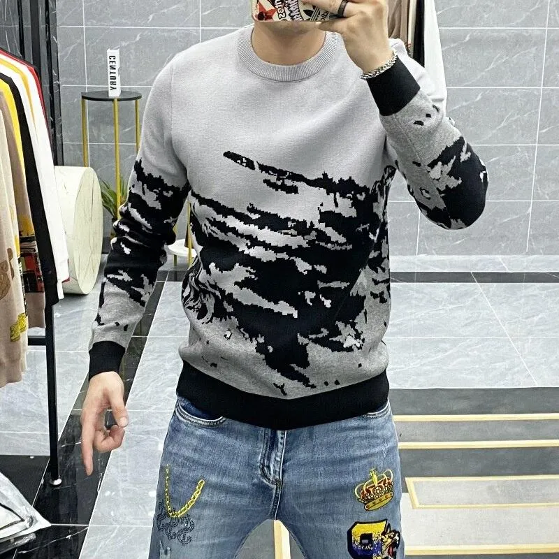 Autumn Winter Men's Spliced Color Pattern Long Sleeves Pullover Sweater