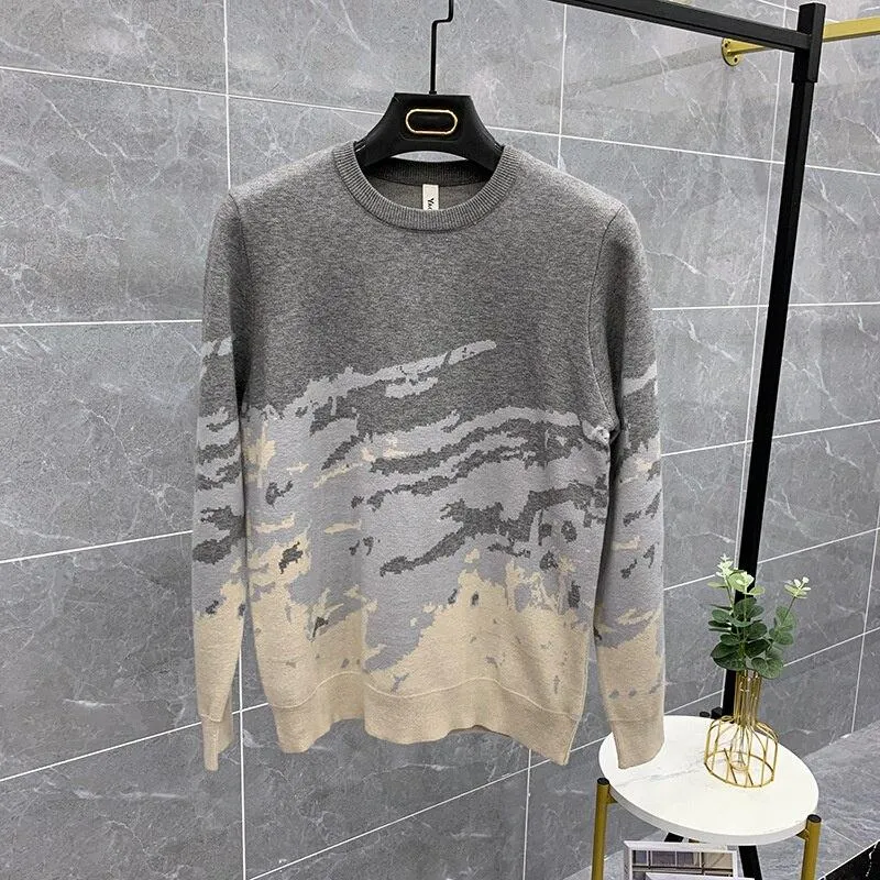 Autumn Winter Men's Spliced Color Pattern Long Sleeves Pullover Sweater