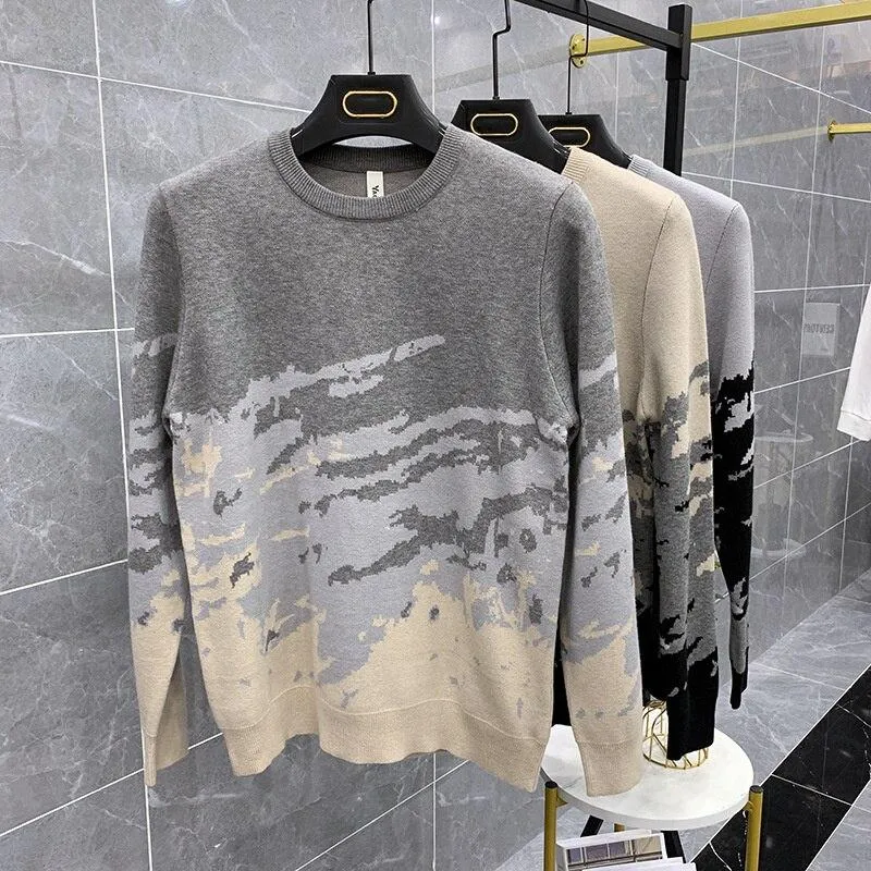 Autumn Winter Men's Spliced Color Pattern Long Sleeves Pullover Sweater