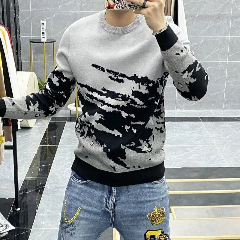 Autumn Winter Men's Spliced Color Pattern Long Sleeves Pullover Sweater