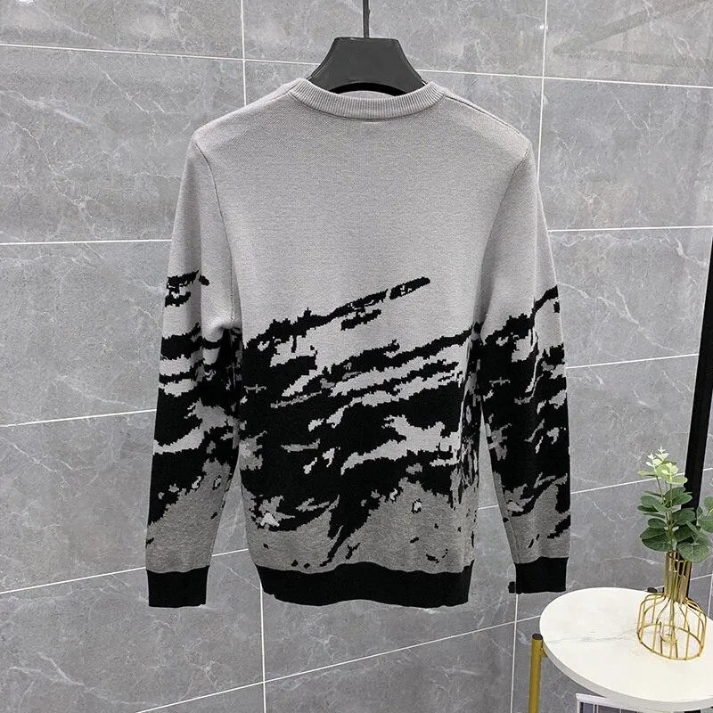 Autumn Winter Men's Spliced Color Pattern Long Sleeves Pullover Sweater