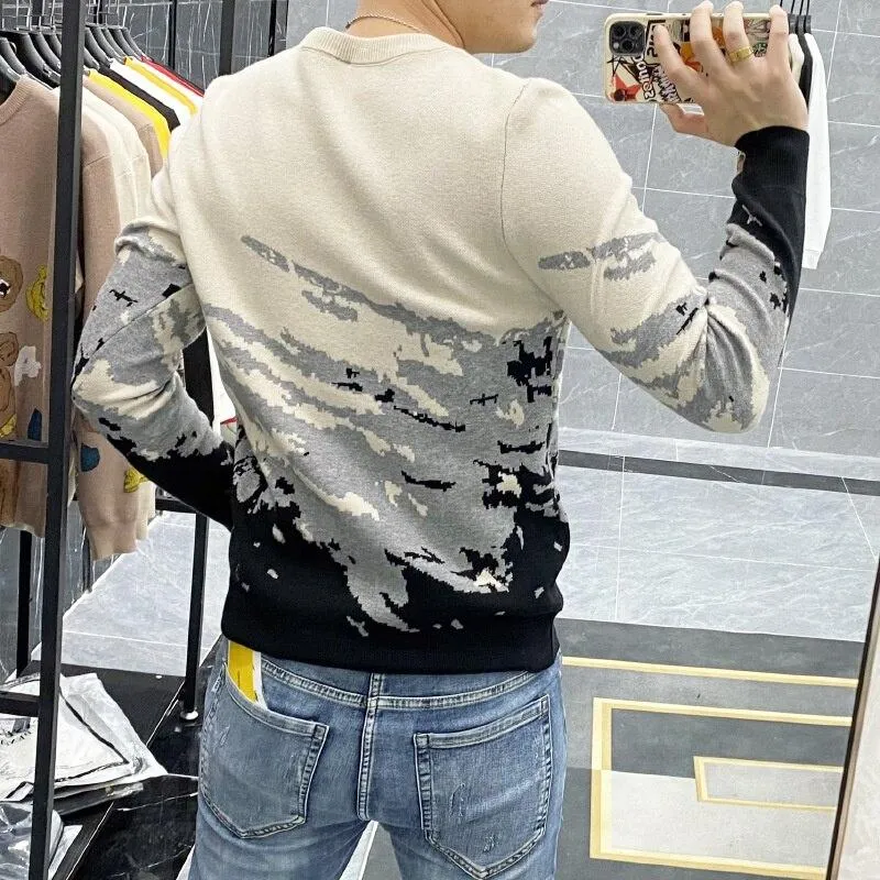 Autumn Winter Men's Spliced Color Pattern Long Sleeves Pullover Sweater