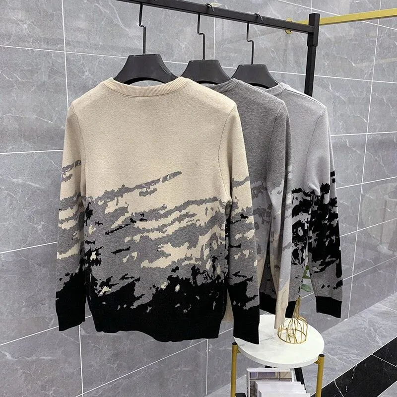 Autumn Winter Men's Spliced Color Pattern Long Sleeves Pullover Sweater