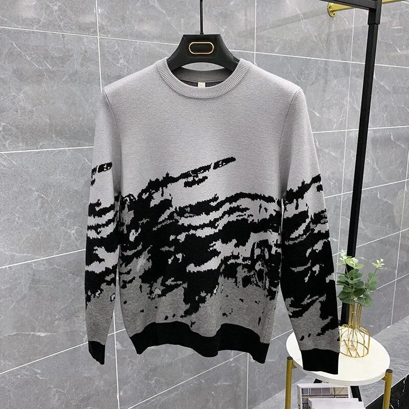 Autumn Winter Men's Spliced Color Pattern Long Sleeves Pullover Sweater