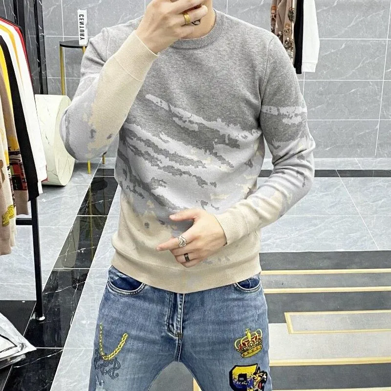 Autumn Winter Men's Spliced Color Pattern Long Sleeves Pullover Sweater