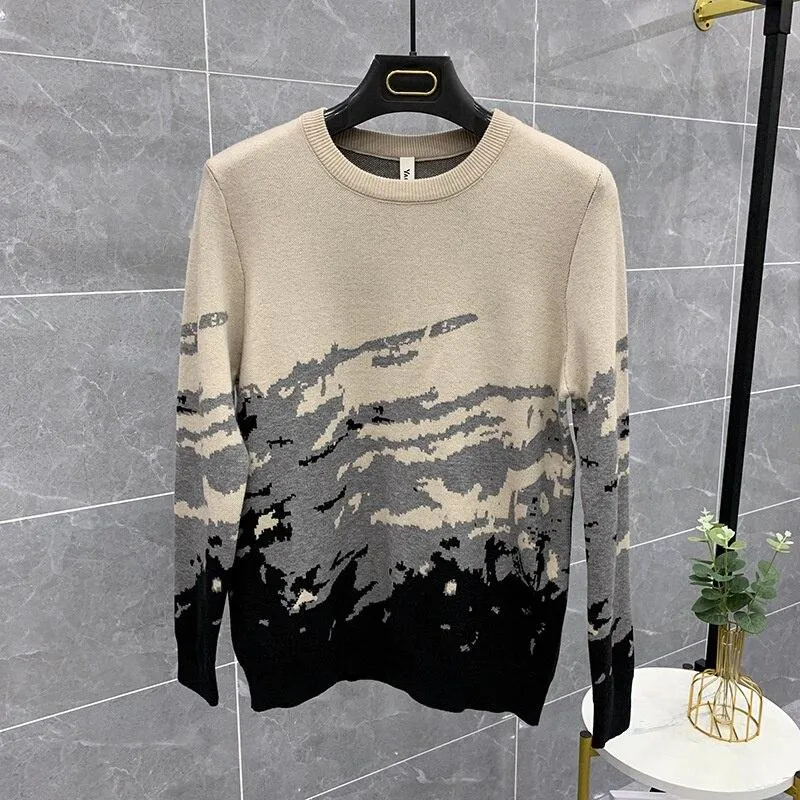 Autumn Winter Men's Spliced Color Pattern Long Sleeves Pullover Sweater