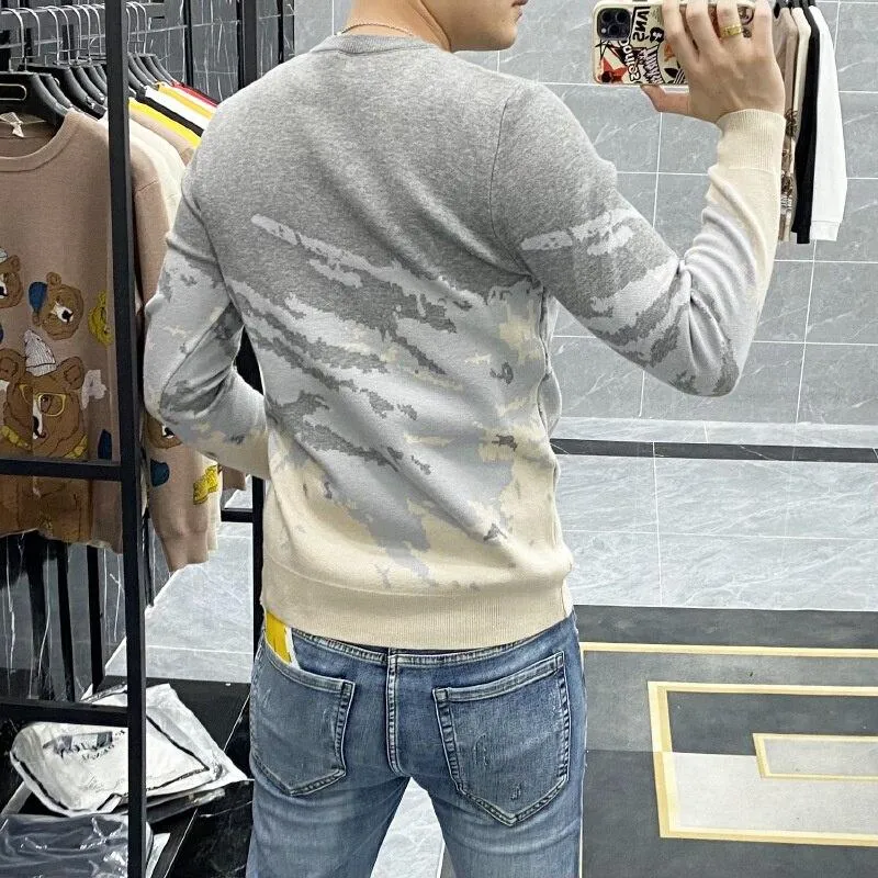 Autumn Winter Men's Spliced Color Pattern Long Sleeves Pullover Sweater