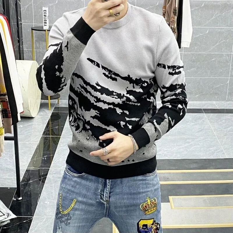 Autumn Winter Men's Spliced Color Pattern Long Sleeves Pullover Sweater