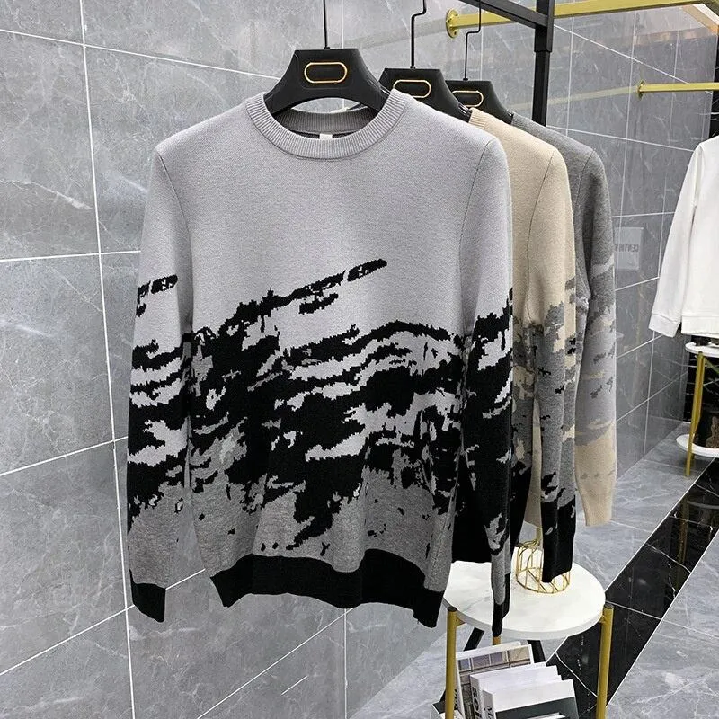 Autumn Winter Men's Spliced Color Pattern Long Sleeves Pullover Sweater