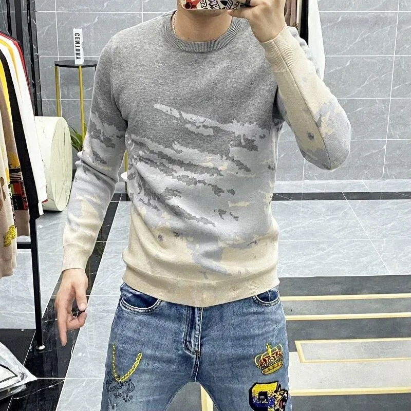 Autumn Winter Men's Spliced Color Pattern Long Sleeves Pullover Sweater