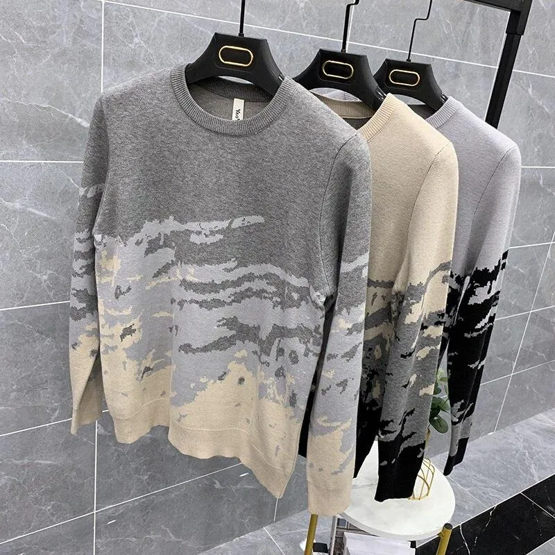 Autumn Winter Men's Spliced Color Pattern Long Sleeves Pullover Sweater