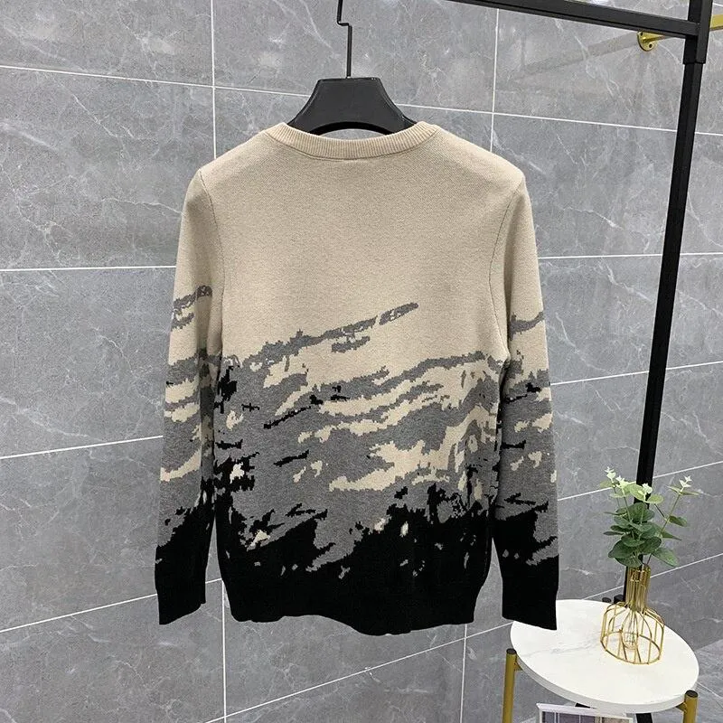 Autumn Winter Men's Spliced Color Pattern Long Sleeves Pullover Sweater