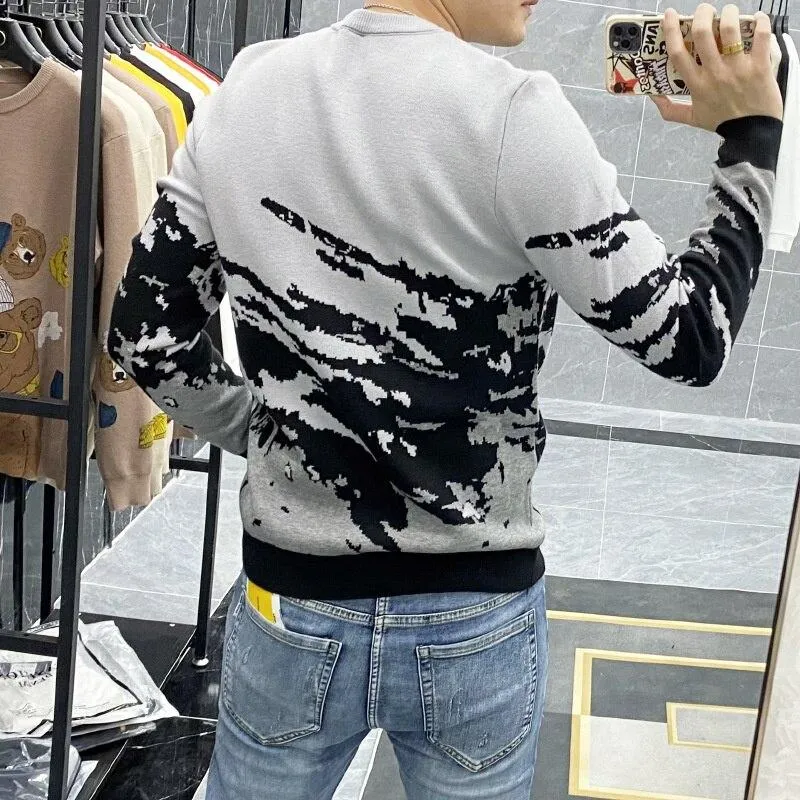 Autumn Winter Men's Spliced Color Pattern Long Sleeves Pullover Sweater