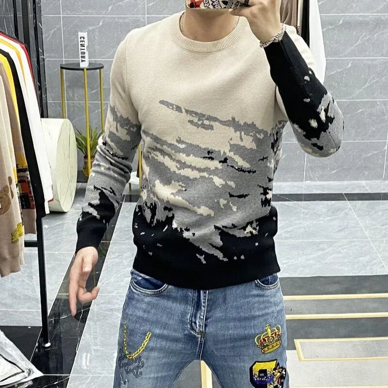 Autumn Winter Men's Spliced Color Pattern Long Sleeves Pullover Sweater