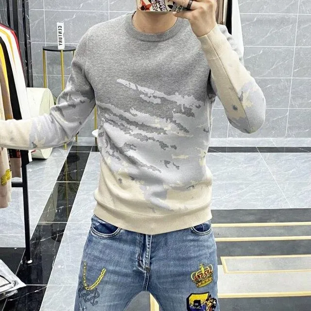 Autumn Winter Men's Spliced Color Pattern Long Sleeves Pullover Sweater