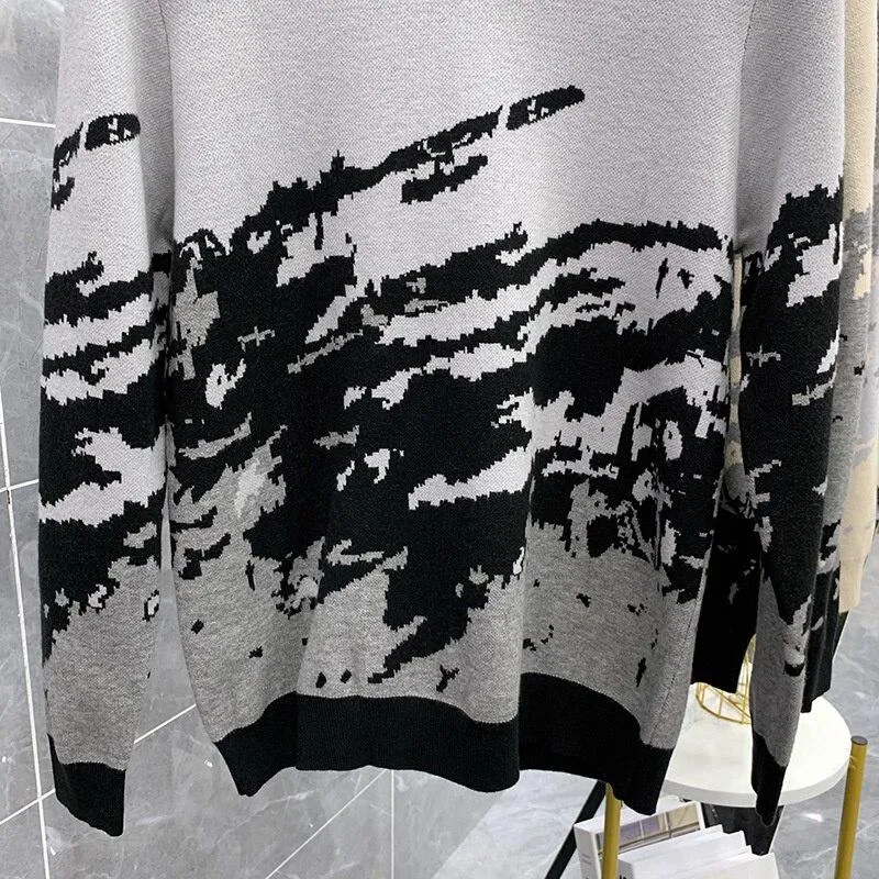 Autumn Winter Men's Spliced Color Pattern Long Sleeves Pullover Sweater