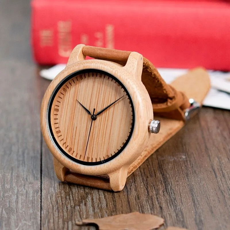 Bamboo Wooden Casual Leather Strap Quartz Watches for Men and Women