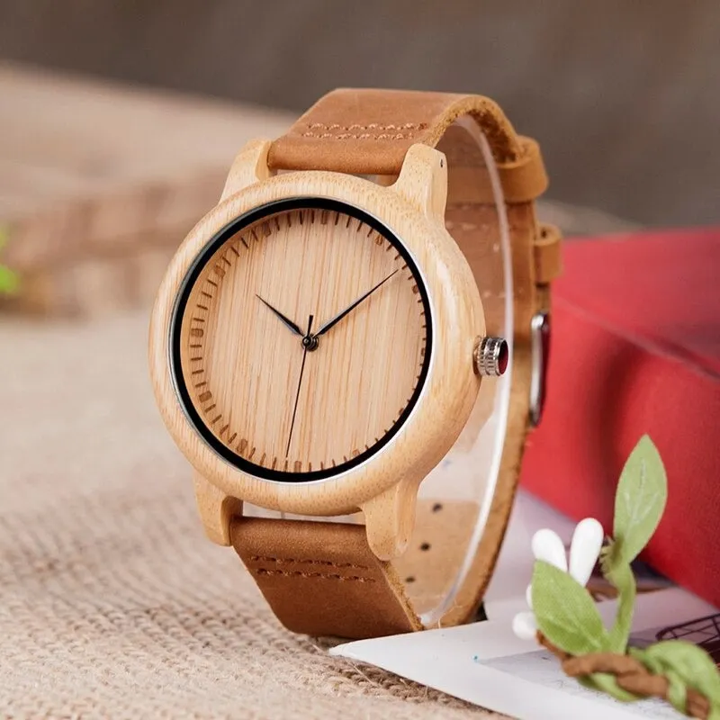 Bamboo Wooden Casual Leather Strap Quartz Watches for Men and Women