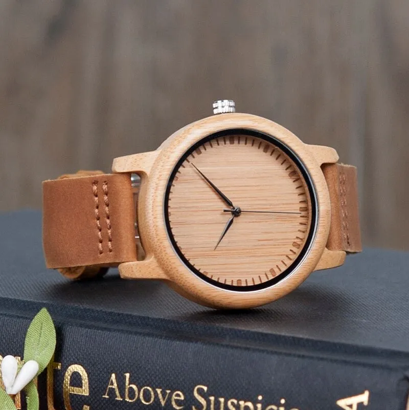 Bamboo Wooden Casual Leather Strap Quartz Watches for Men and Women