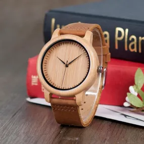 Bamboo Wooden Casual Leather Strap Quartz Watches for Men and Women